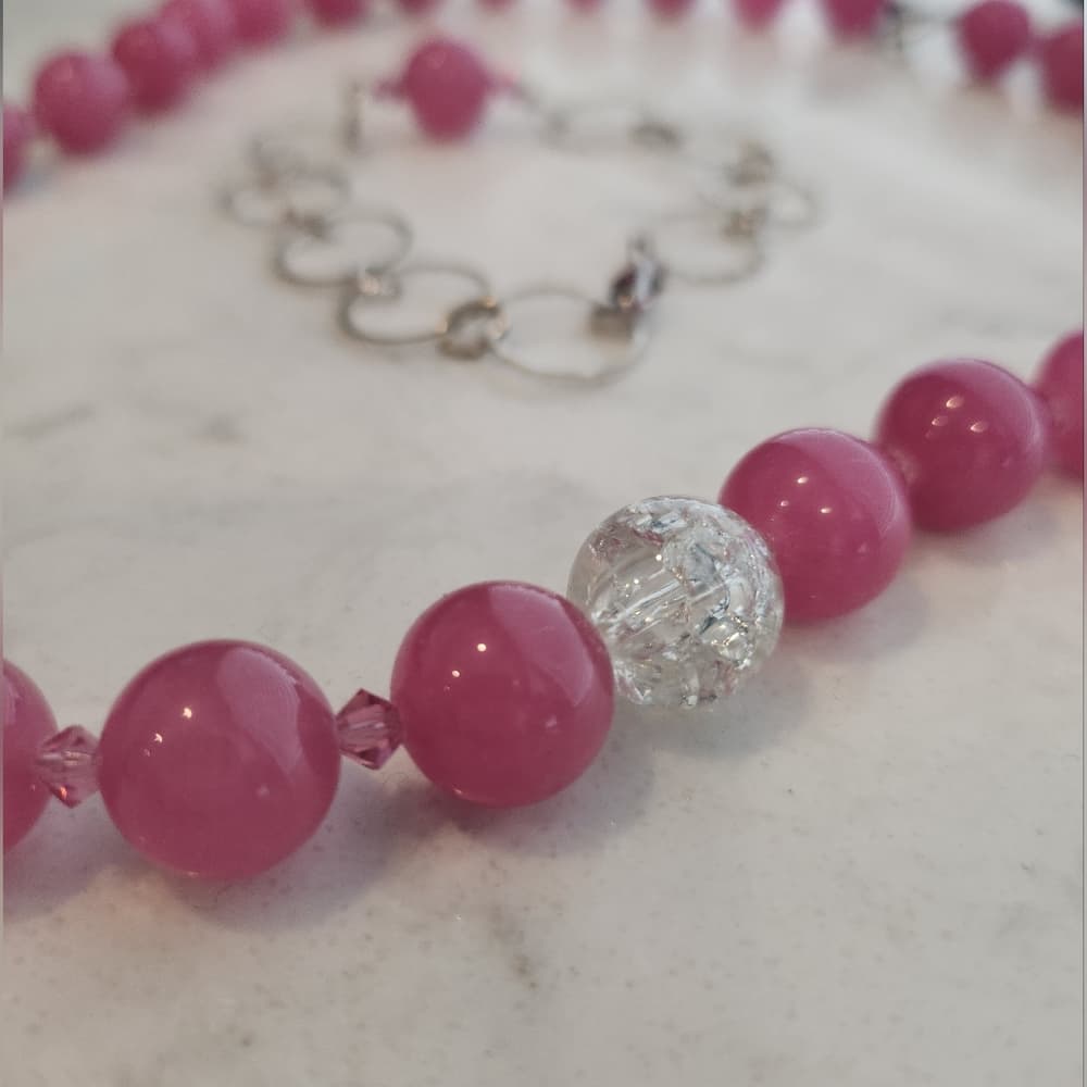 Pink Glass Beaded Necklace and Matching Bracelet Set - Thumbnail 4