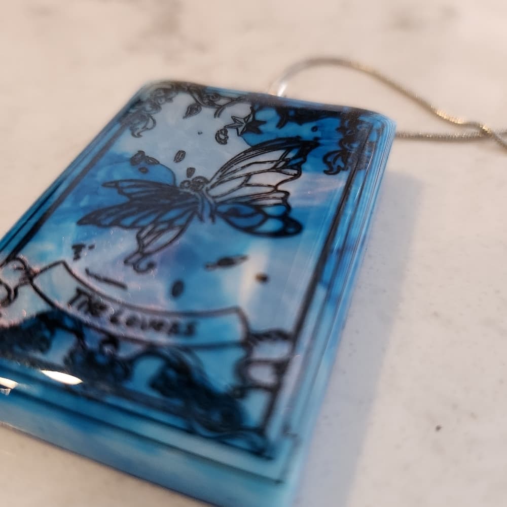 Blue Tie Dye Resin Tarot Card The Lovers Butterfly Hand Painted Glossy - Thumbnail 3