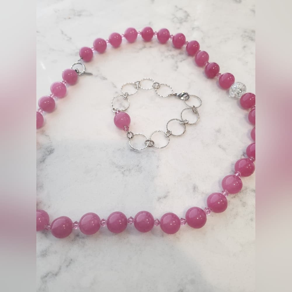 Pink Glass Beaded Necklace and Matching Bracelet Set - Thumbnail 10