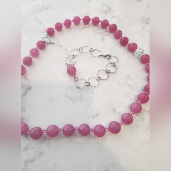 Pink Glass Beaded Necklace and Matching Bracelet Set - Thumbnail 11
