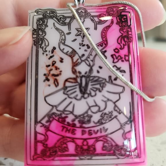Handmade The Dev*l Tarot Card Pink and White Tie Dye Effect Pendant Necklace - Thumbnail 8