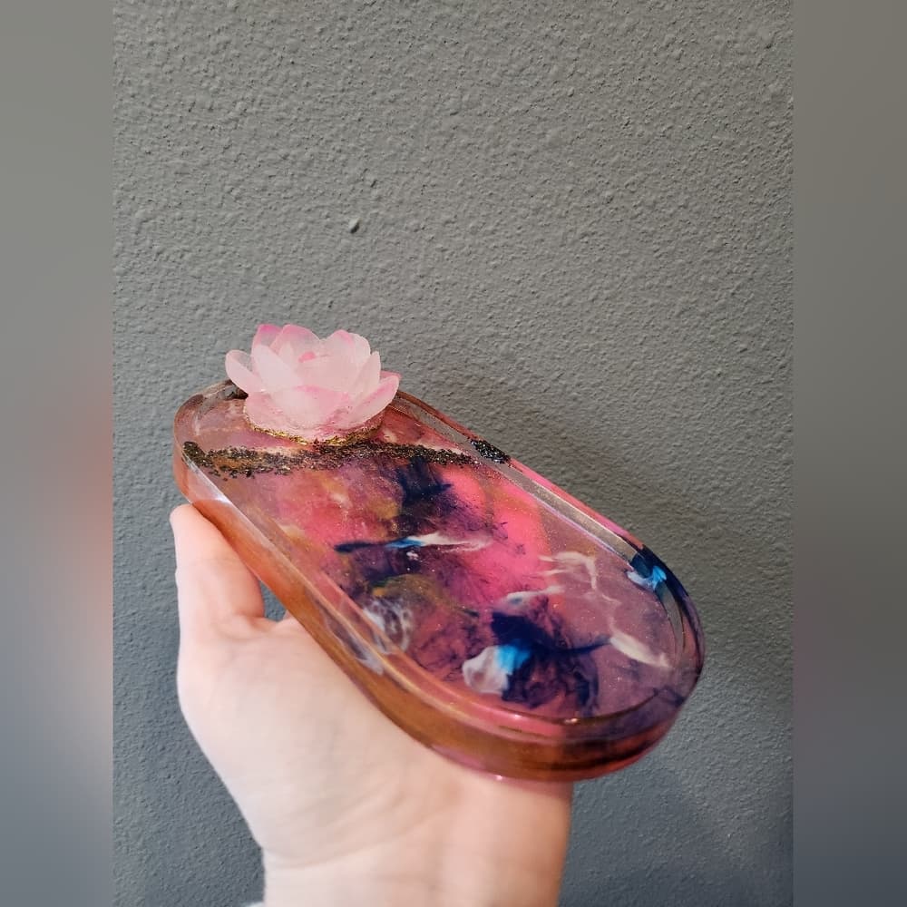 Handmade Pink Blue Gold Swirl Resin Succulent Trinket Vanity Dish - Thumbnail 3
