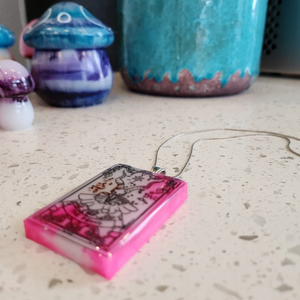 Handmade The Dev*l Tarot Card Pink and White Tie Dye Effect Pendant Necklace - Thumbnail 2