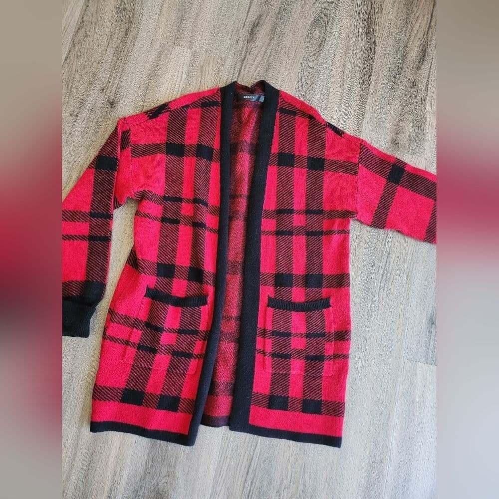 Zesica Red and Black Plaid Soft Cardigan - Thumbnail 7