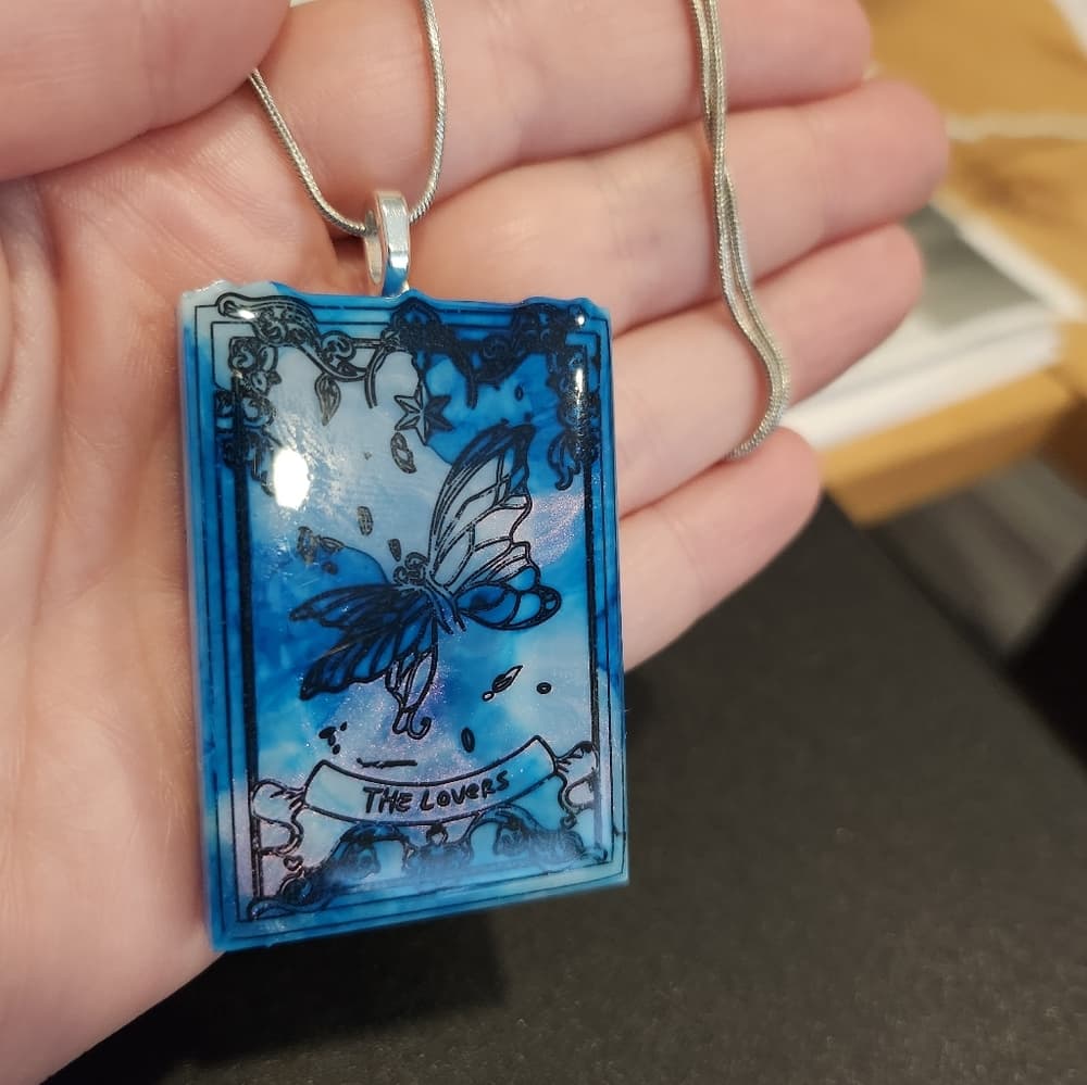 Blue Tie Dye Resin Tarot Card The Lovers Butterfly Hand Painted Glossy - Thumbnail 2