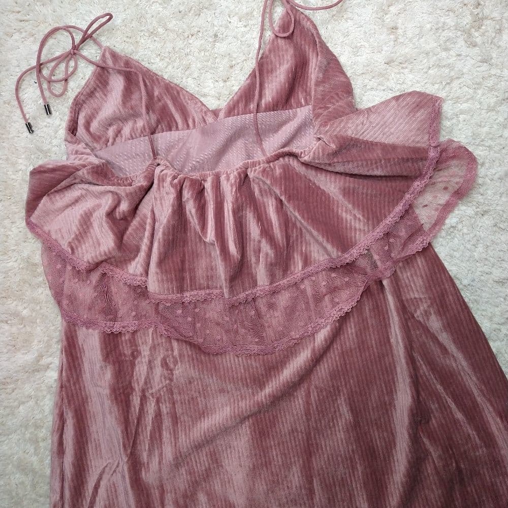 POL Velvet Lace Trim Tie Strap Cascading Layered Ruffle Dress - Thumbnail 9