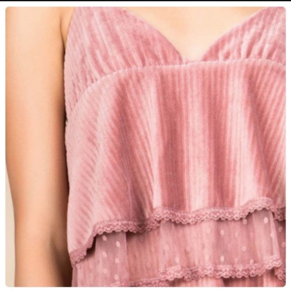 POL Velvet Lace Trim Tie Strap Cascading Layered Ruffle Dress - Thumbnail 2