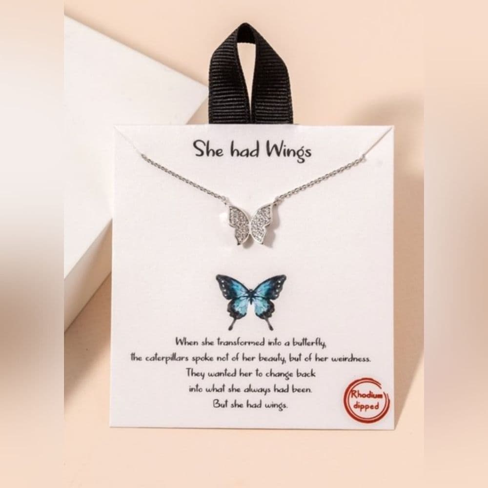 She Had Wings White Gold Dipped Cubic Zirconia Inspirational Butterfly Choker - Thumbnail 9