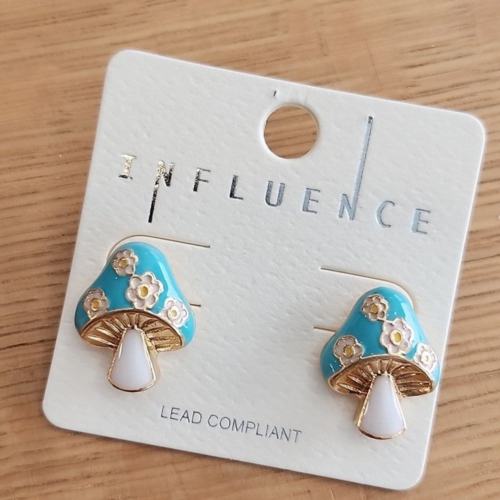 Turquiose Blue and Gold Enamel Mushroom Post Earrings - Thumbnail 7