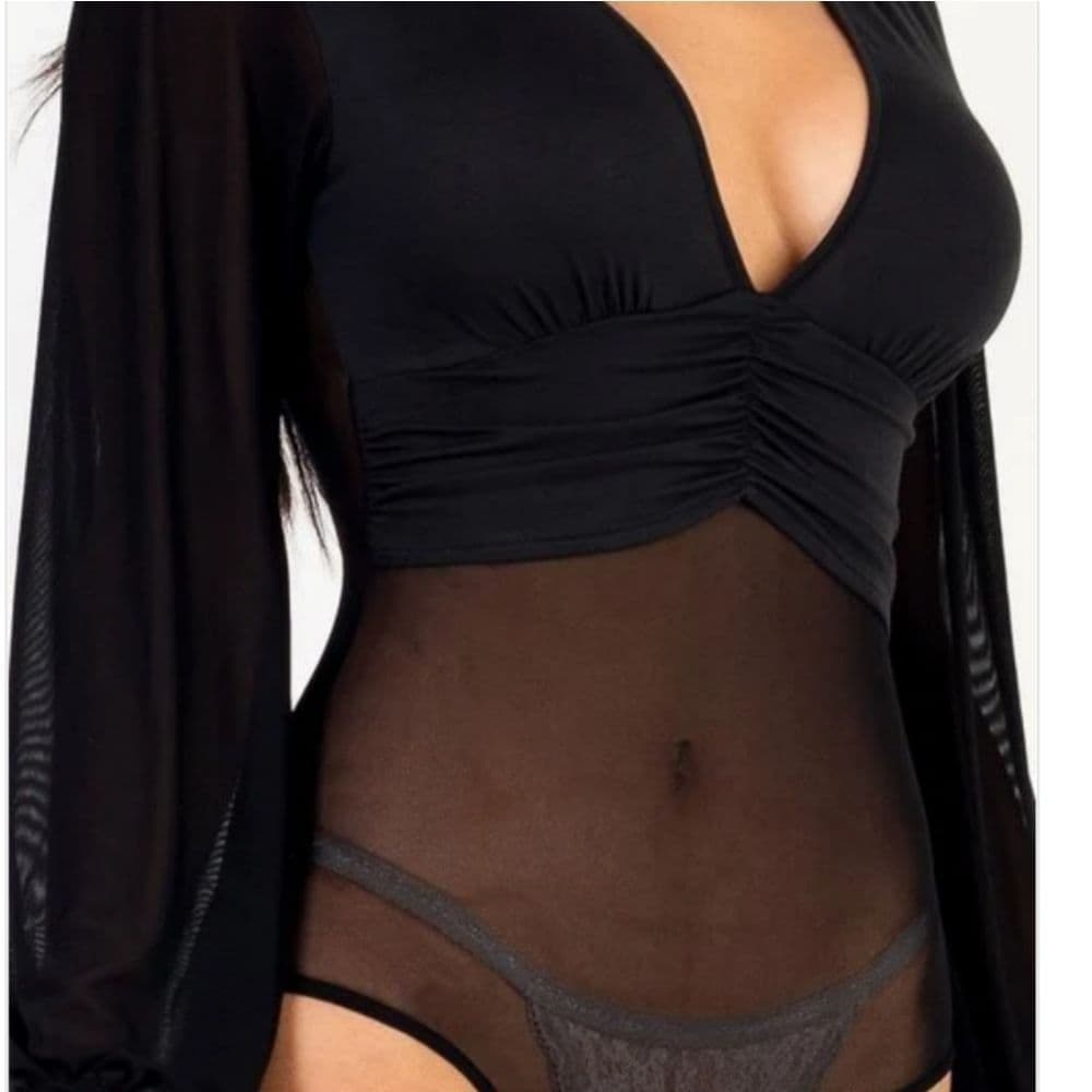 Long Black Balloon Sleeve Cropped Top and Sheer Body Suit - Thumbnail 2