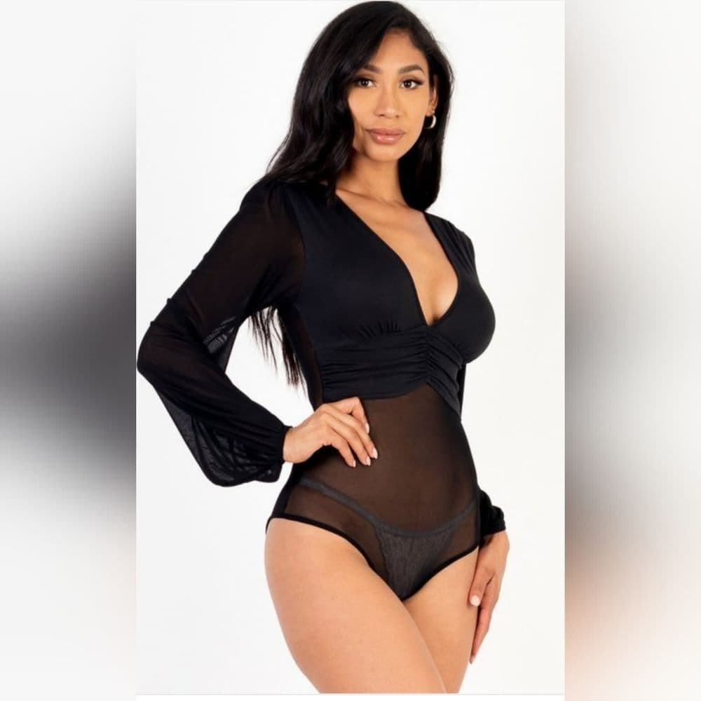 Long Black Balloon Sleeve Cropped Top and Sheer Body Suit - Thumbnail 12