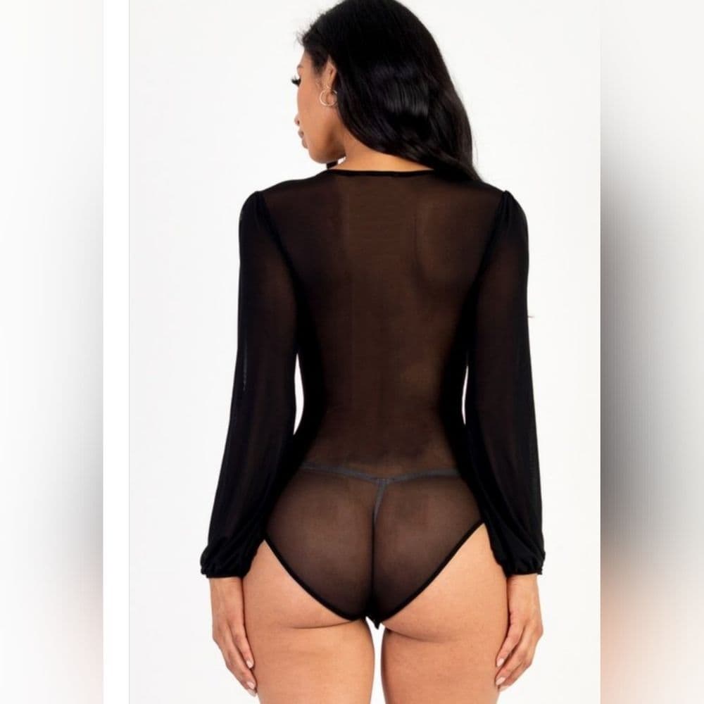 Long Black Balloon Sleeve Cropped Top and Sheer Body Suit - Thumbnail 3