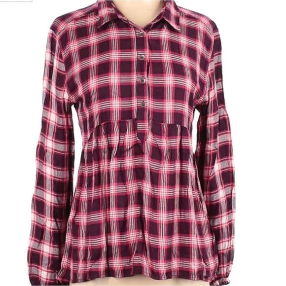 Pink Plaid Aeropostale Pullover Peplum Blouse Partial Button Up - Thumbnail 9