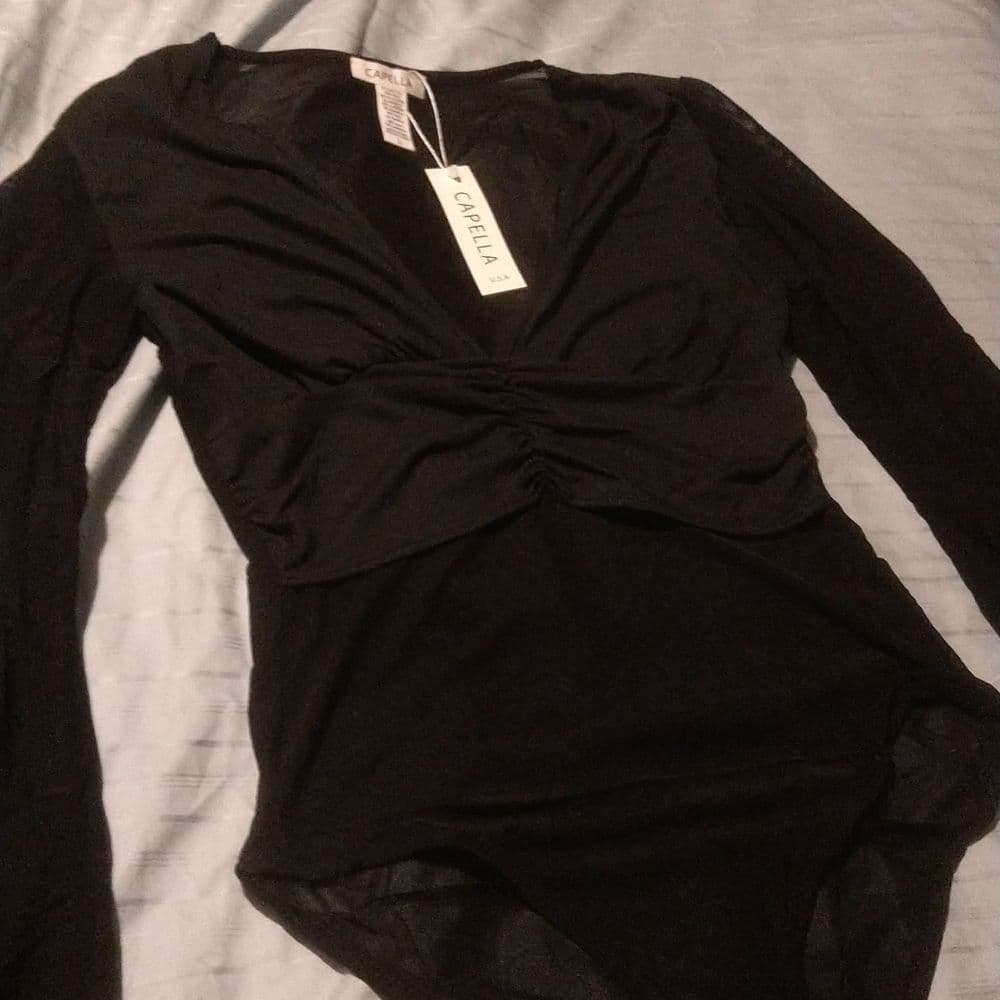 Long Black Balloon Sleeve Cropped Top and Sheer Body Suit - Thumbnail 5