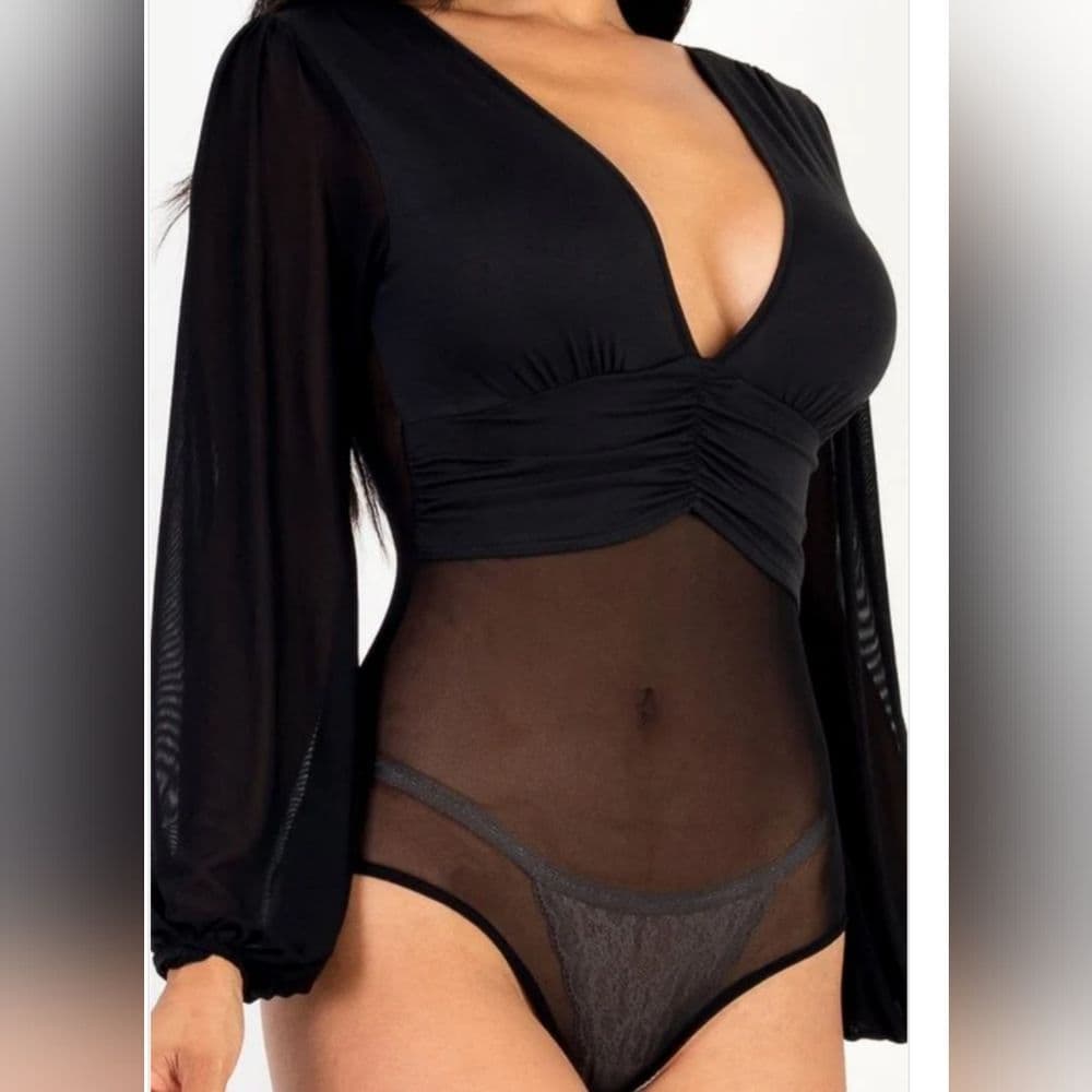 Long Black Balloon Sleeve Cropped Top and Sheer Body Suit - Thumbnail 4
