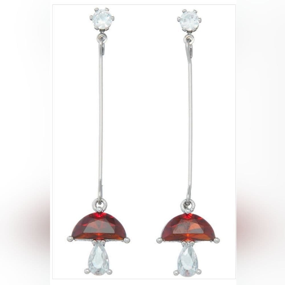 Long Dainty Sparkly Red Mushroom Drop Earrings - Thumbnail 6