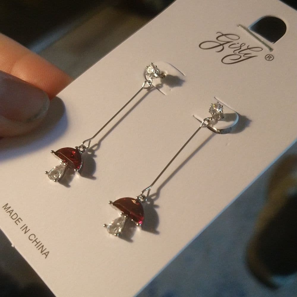 Long Dainty Sparkly Red Mushroom Drop Earrings - Thumbnail 3