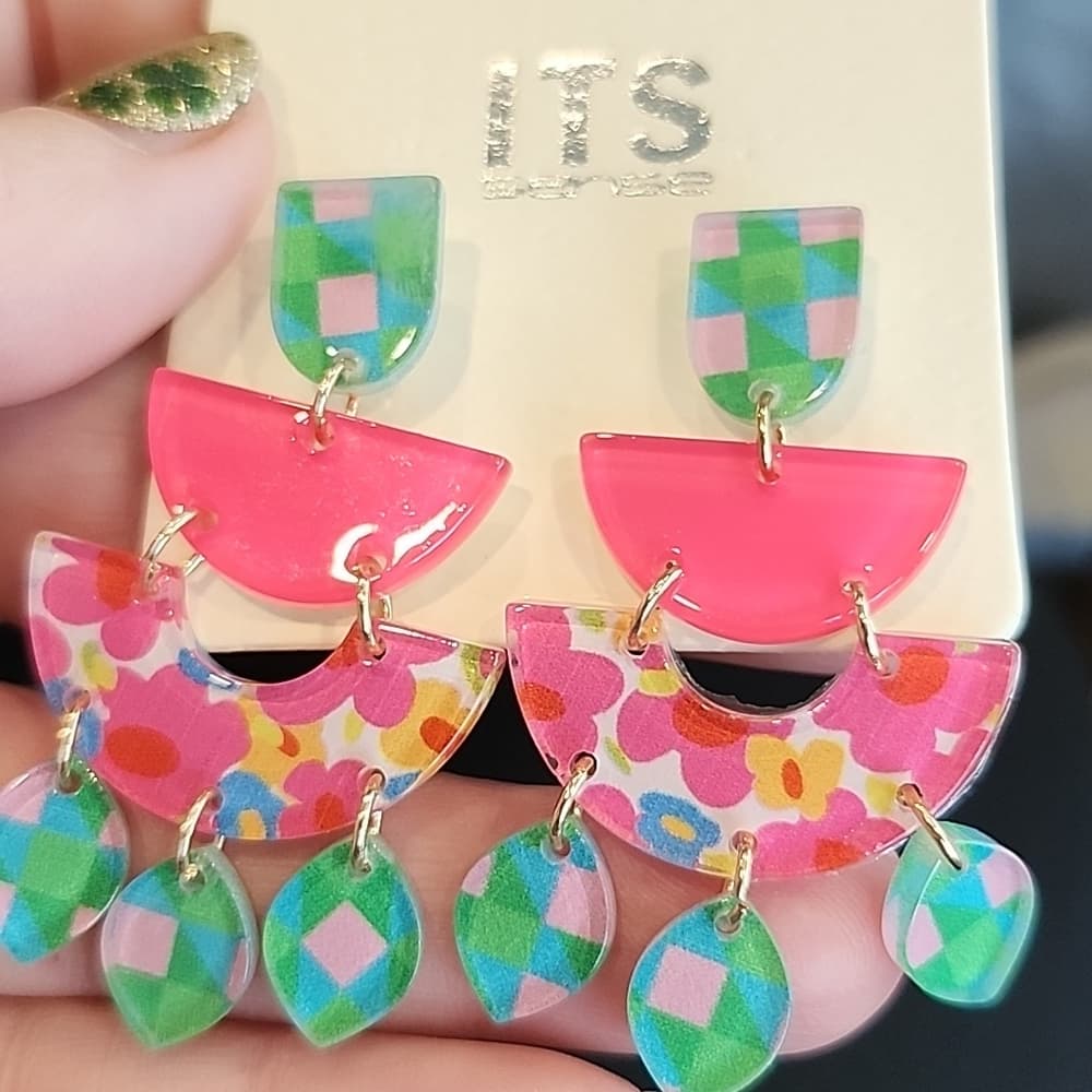 1 Pair Bright Colorful Floral Acrylic Chandelier Dangle Earrings - Thumbnail 7