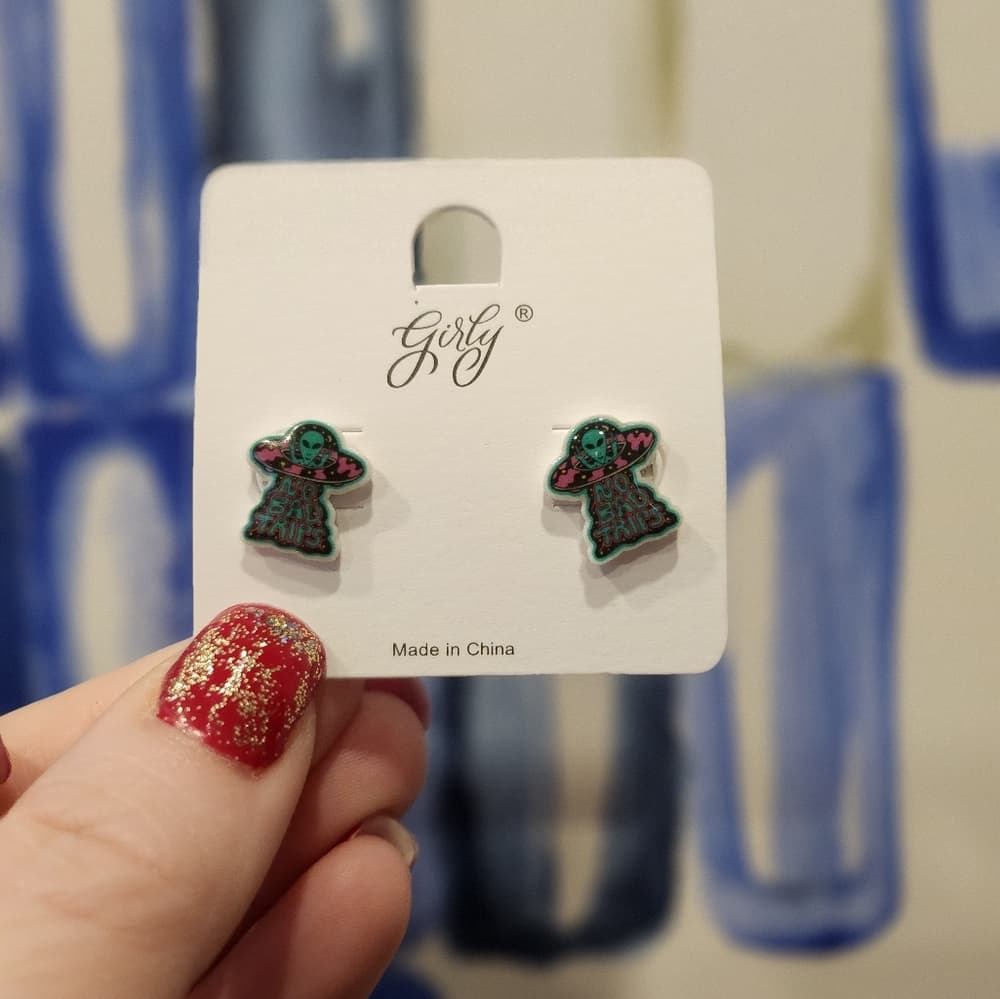 No Bad Trips Tiny Space Ship Alien Acrylic Stud Earrings - Thumbnail 7
