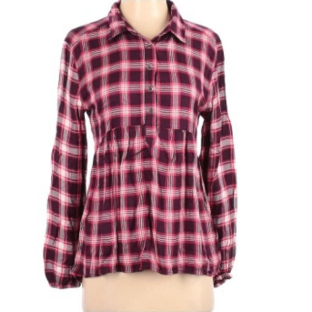 Pink Plaid Aeropostale Pullover Peplum Blouse Partial Button Up - Thumbnail 2