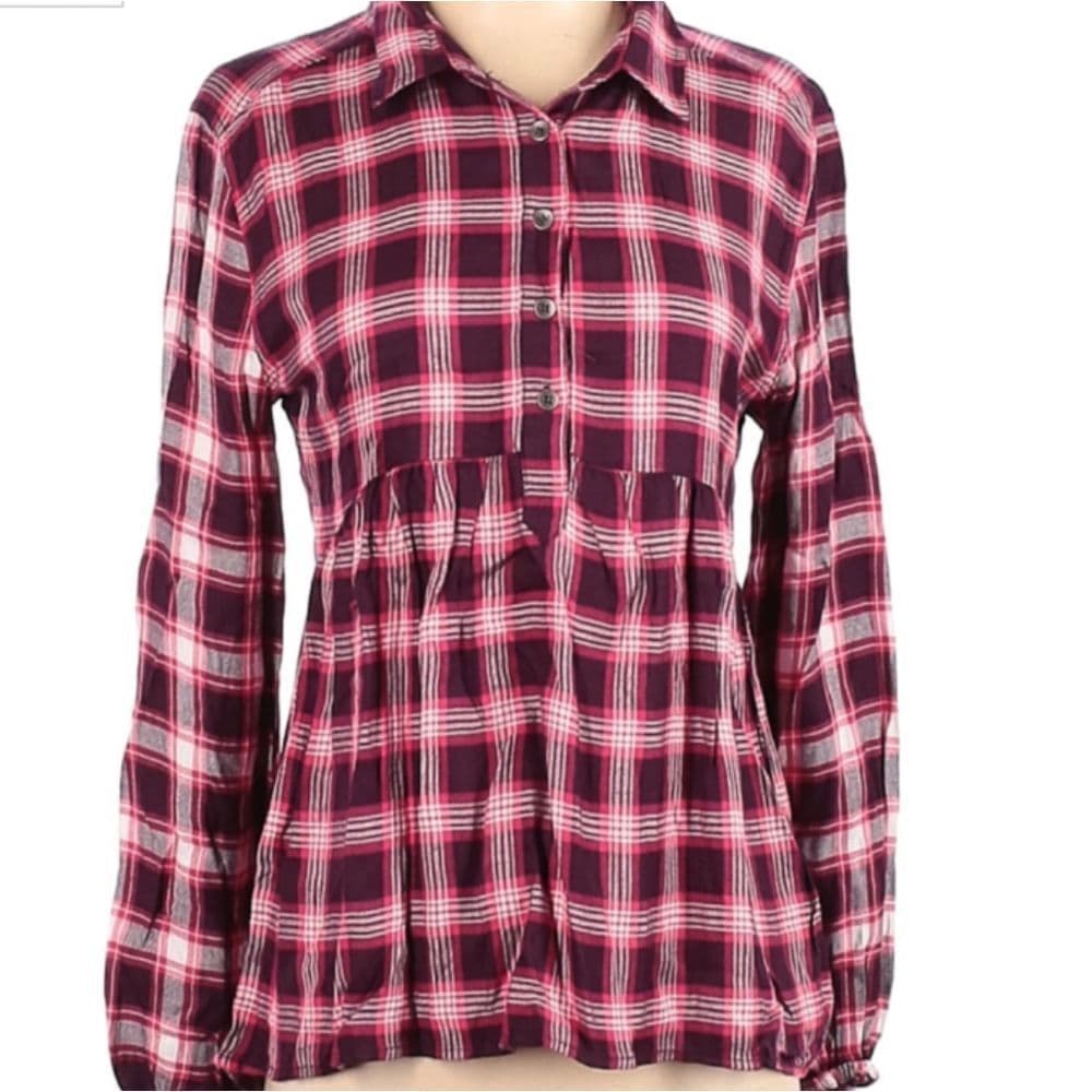 Pink Plaid Aeropostale Pullover Peplum Blouse Partial Button Up - Thumbnail 8