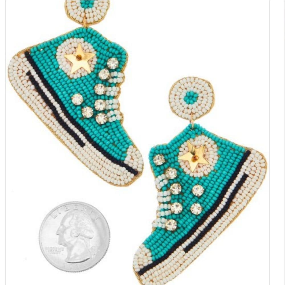 Super Cute Oversized High Top All Star Shoes Seed Beaded turquiose Stud Earrings - Thumbnail 6