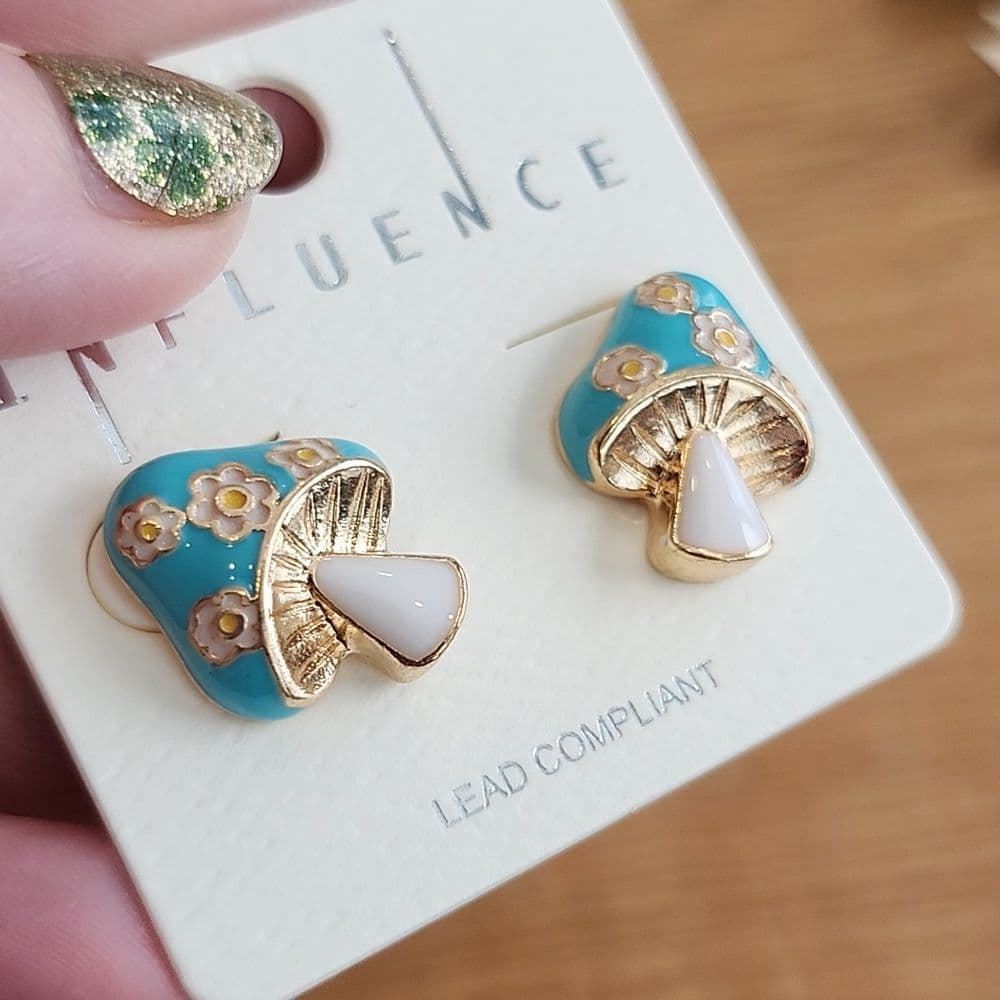 Turquiose Blue and Gold Enamel Mushroom Post Earrings - Thumbnail 2
