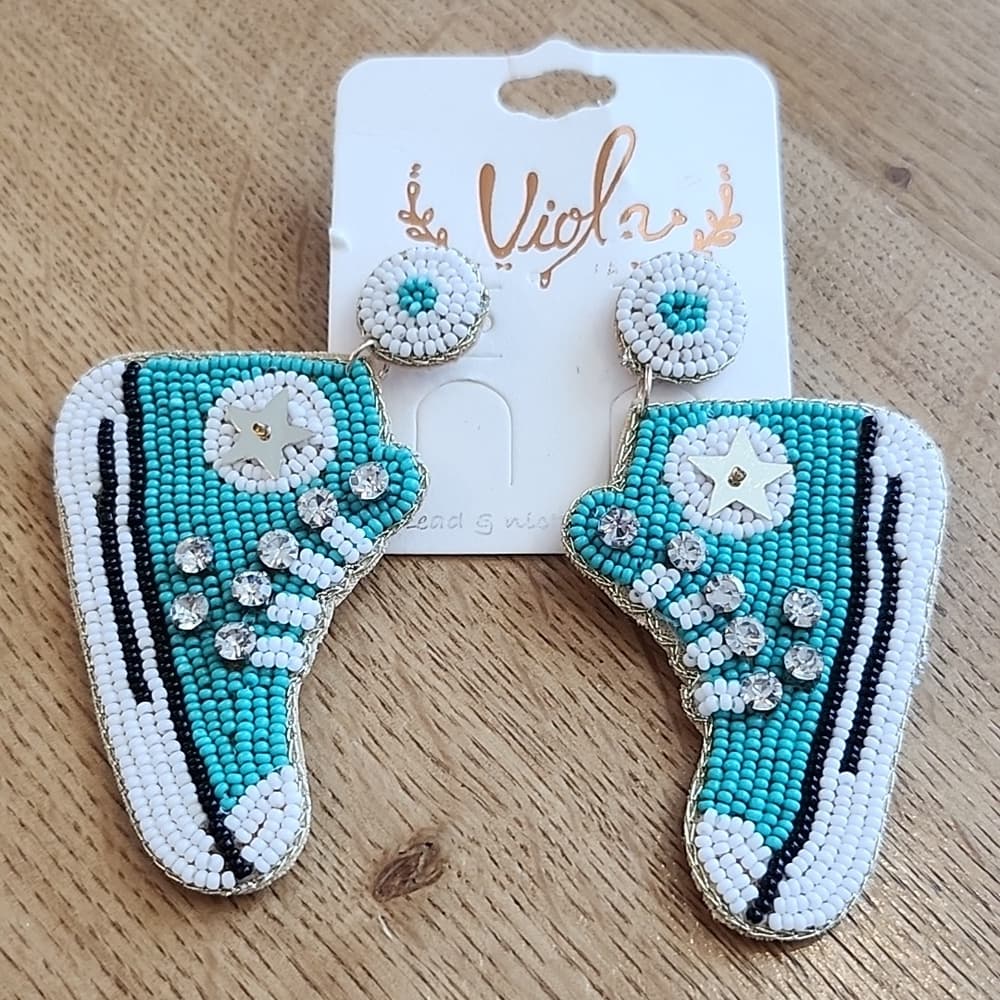 Super Cute Oversized High Top All Star Shoes Seed Beaded turquiose Stud Earrings - Thumbnail 12