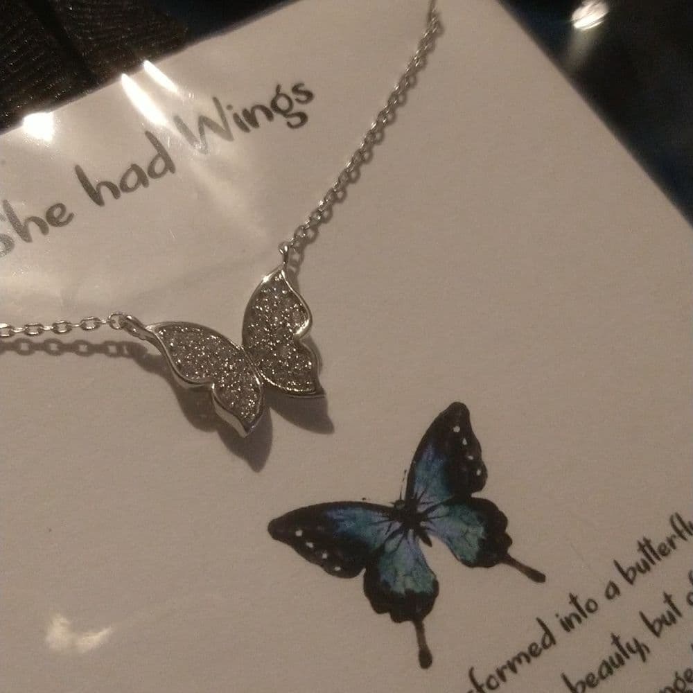 She Had Wings White Gold Dipped Cubic Zirconia Inspirational Butterfly Choker - Thumbnail 4