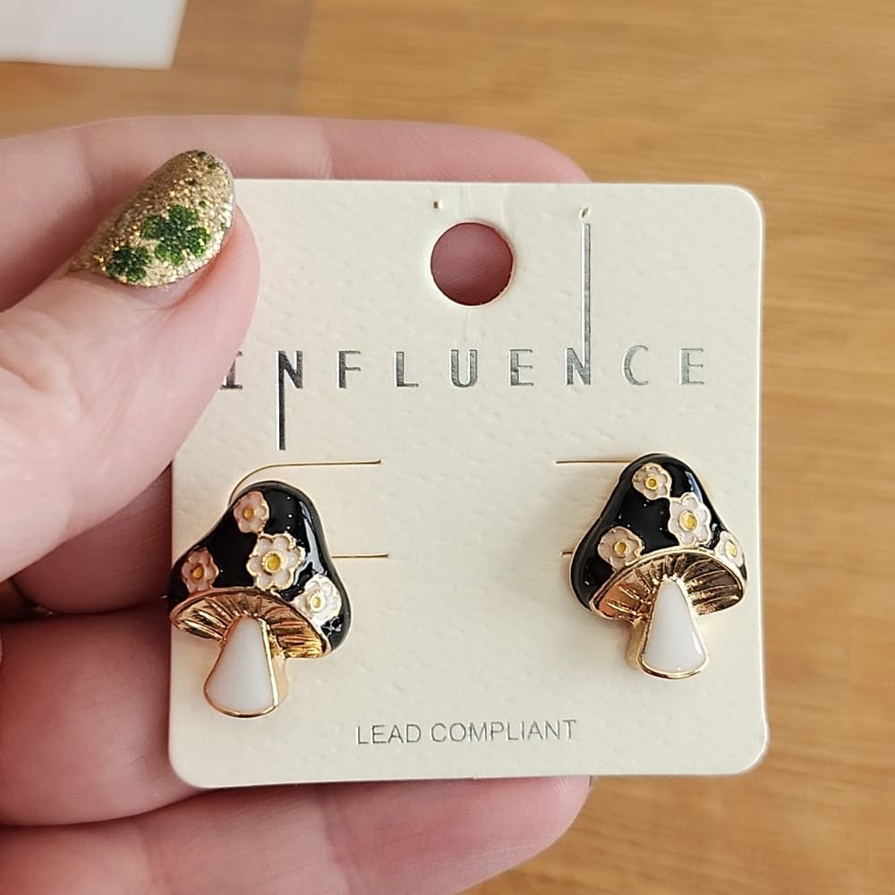 Black and Gold Enamel Mushroom Post Earrings