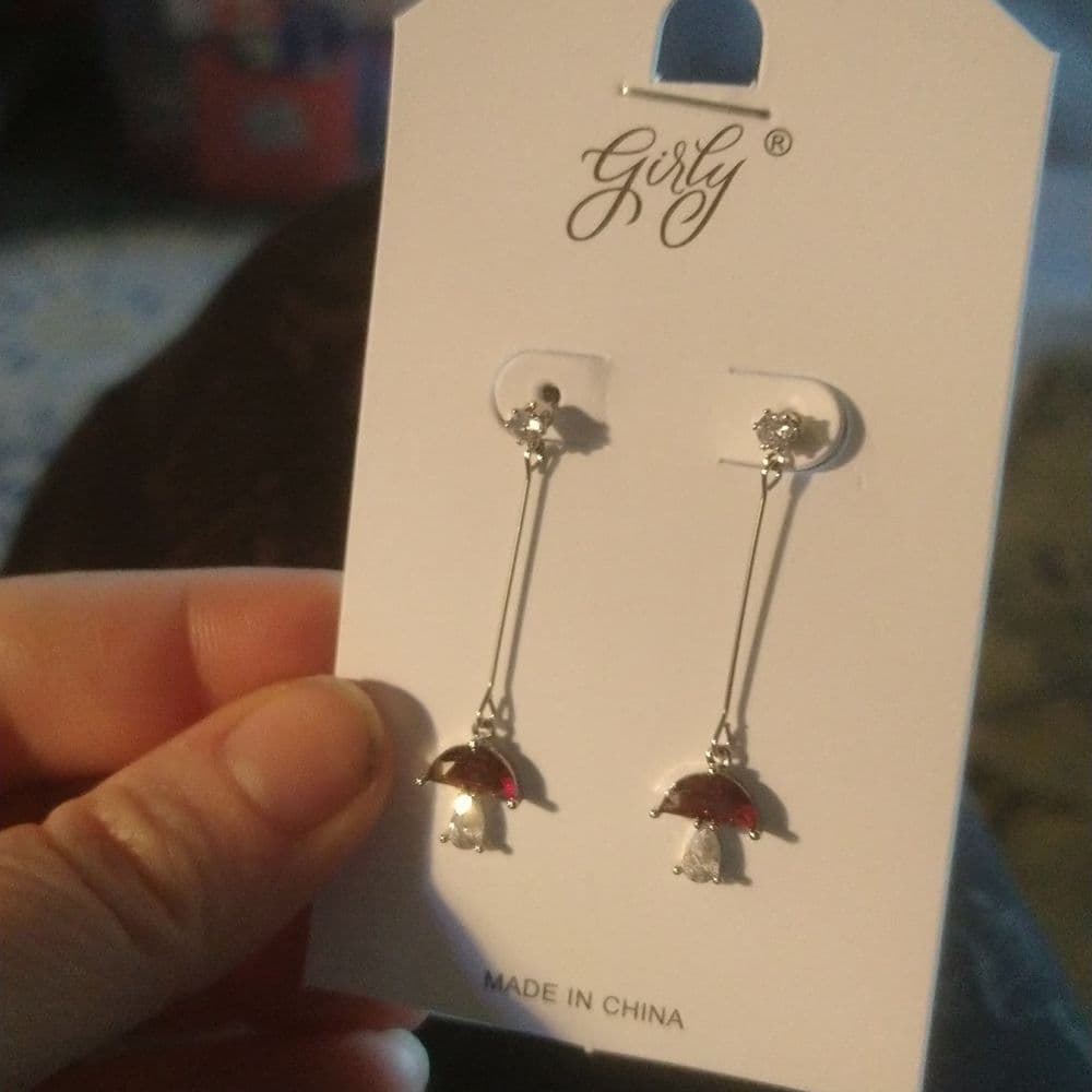 Long Dainty Sparkly Red Mushroom Drop Earrings - Thumbnail 2