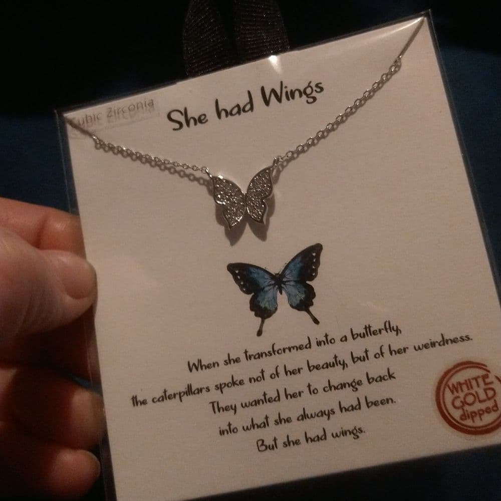 She Had Wings White Gold Dipped Cubic Zirconia Inspirational Butterfly Choker - Thumbnail 3