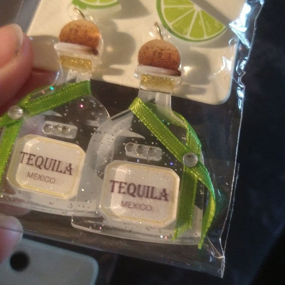 Sparkly Acrylic Tequila Bottle with Lime Post Dangle Earrings with Bling - Thumbnail 3