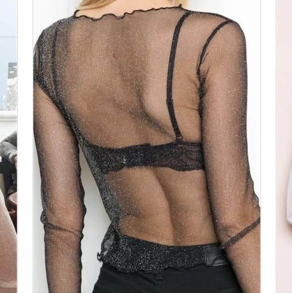 Sheer Black or White Sexy Sparkle Shimmer Sheer White Long Sleeve Top - Thumbnail 6