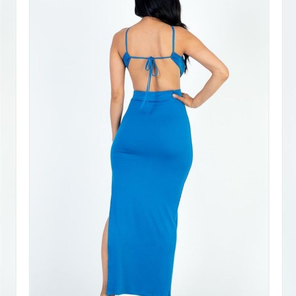 Black Open Tie Back Stretchy Body Con Slit Thigh with Cut Out Design Maxi Dress - Thumbnail 2