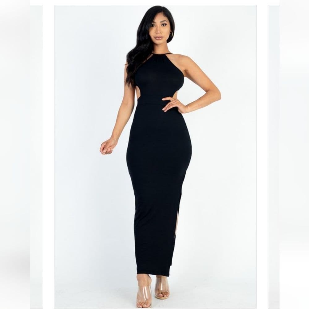 Black Open Tie Back Stretchy Body Con Slit Thigh with Cut Out Design Maxi Dress - Thumbnail 10
