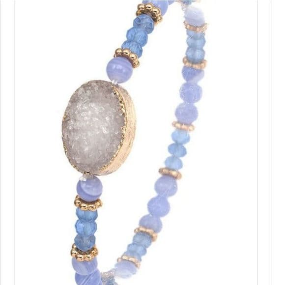 Semi-Precious Stone Beaded Stretch Bracelet with Druzy Center - Thumbnail 17