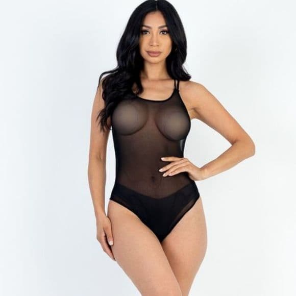Sexy Black Stretchy Poly Mesh Jersey Crisscross Backless Body Suit - Thumbnail 12
