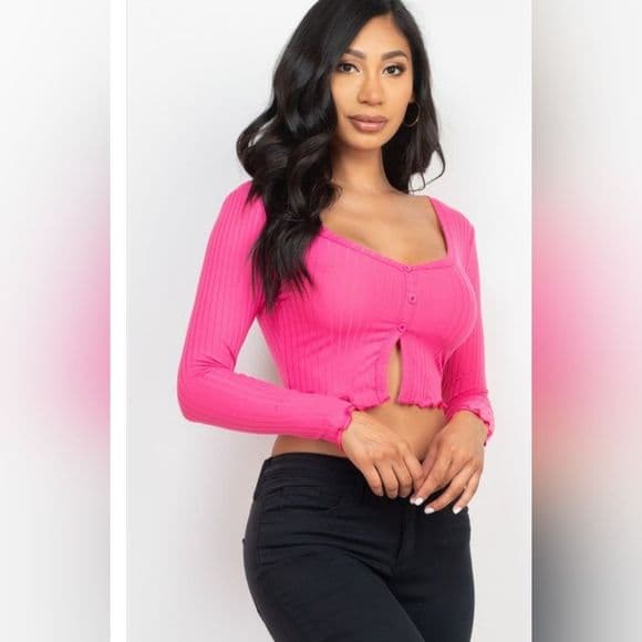 Berry Pink Ribbed Long Sleeve Soft Stretchy Crop Top - Thumbnail 10