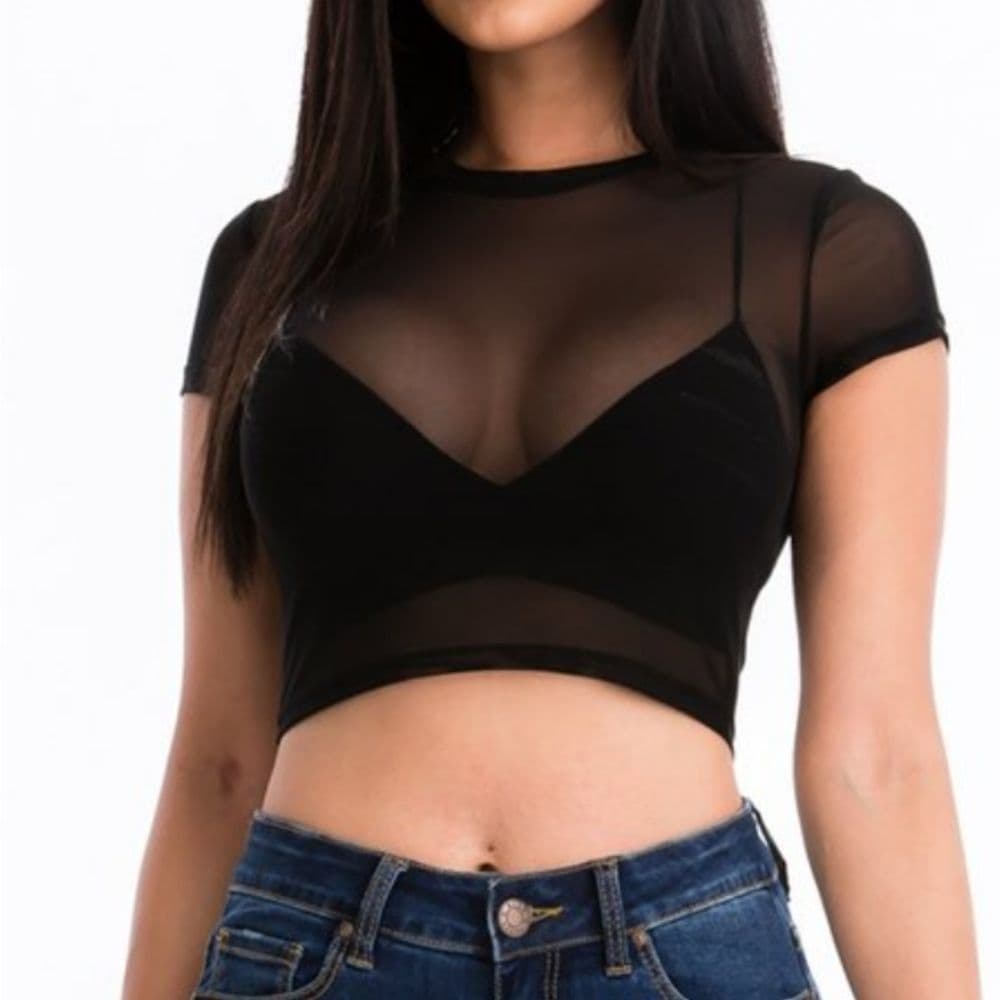Olive Green Red And Burgundy Short Sleeve Sheer Sexy Crop Top - Thumbnail 3