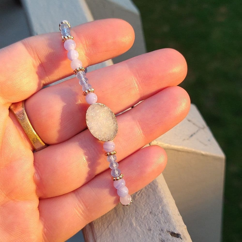 Semi-Precious Stone Beaded Stretch Bracelet with Druzy Center - Thumbnail 9