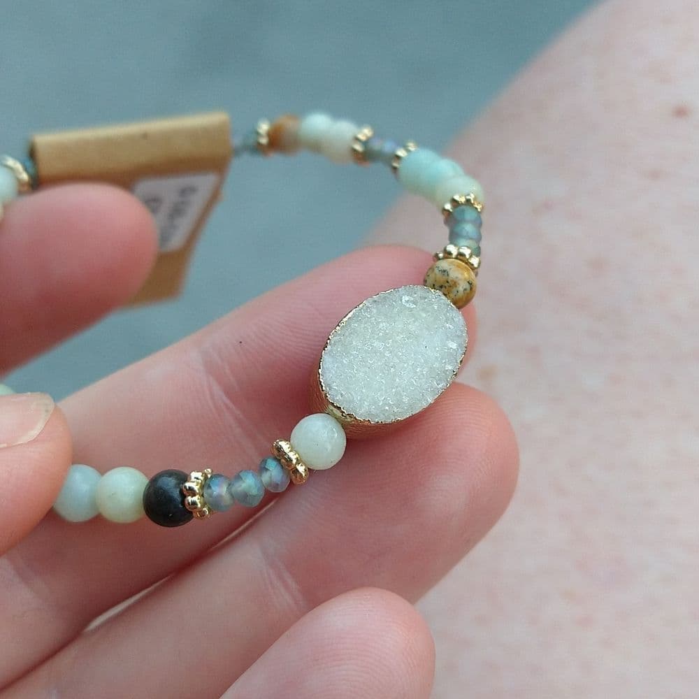 Semi-Precious Stone Beaded Stretch Bracelet with Druzy Center - Thumbnail 6