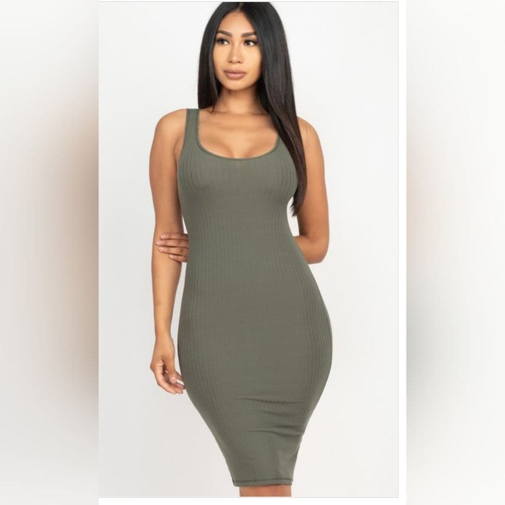 Basic Soft and Stretchy Body Con Sexy Olive Green Dress - Thumbnail 5