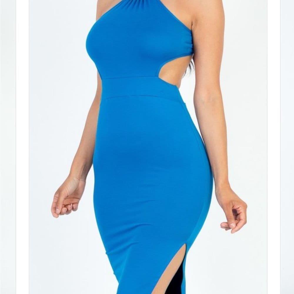 Black Open Tie Back Stretchy Body Con Slit Thigh with Cut Out Design Maxi Dress - Thumbnail 3