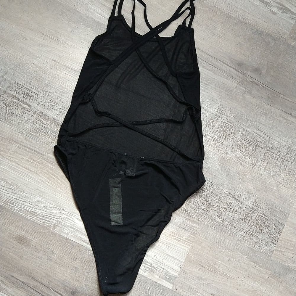 Sexy Black Stretchy Poly Mesh Jersey Crisscross Backless Body Suit - Thumbnail 6