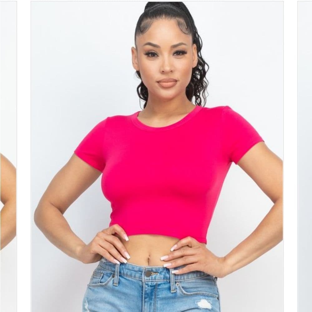 Basic Fuchsia Pink Stretchy Crop Top Tee - Thumbnail 3