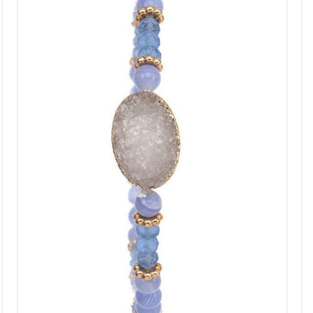 Semi-Precious Stone Beaded Stretch Bracelet with Druzy Center