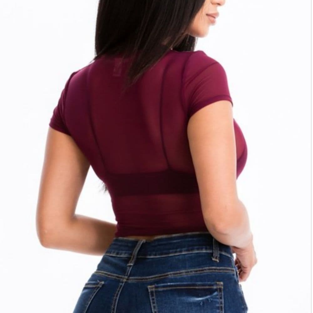 Olive Green Red And Burgundy Short Sleeve Sheer Sexy Crop Top - Thumbnail 5