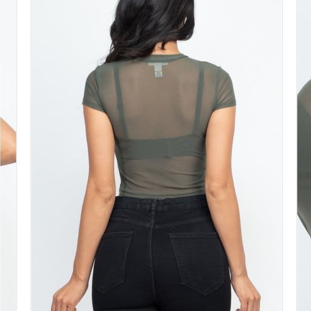 Olive Green Red And Burgundy Short Sleeve Sheer Sexy Crop Top - Thumbnail 11