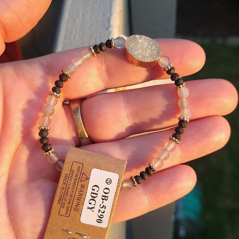 Semi-Precious Stone Beaded Stretch Bracelet with Druzy Center - Thumbnail 11